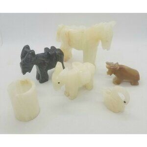 Marble Alabaster Stone Animal Lot Bull Donkeys Swan Toothpick Holder 6 Pcs